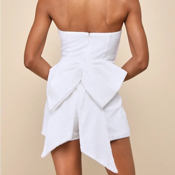 Dazzling Muse White Sequin Bow Strapless Romper Lulu’s - Picture 2 of 6
